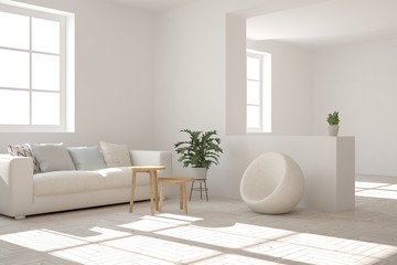Idea of white minimalist room with sofa. Scandinavian interior design. 3D illustration