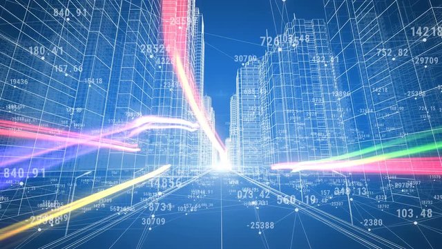 Abstract Digital City with Numbers and Grids. Moving Through the 3d Blueprint. Business and Technology Concept. Blue color 3d animation. 4k Ultra HD 3840x2160.