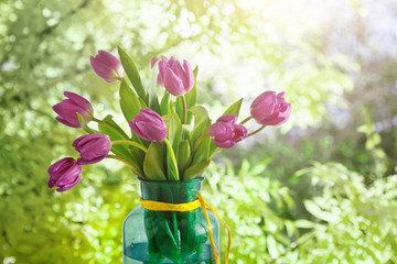 Flowers background, violet tulips at garden background, copy space