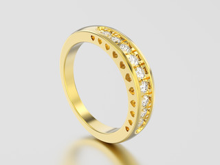 3D illustration yellow gold decorative diamond ring with hearts ornament