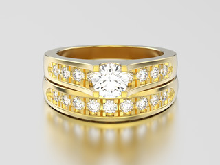 3D illustration set of two yellow gold decorative diamond rings with hearts ornament