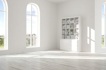 White empty room with summer landscape in window. Scandinavian interior design. 3D illustration