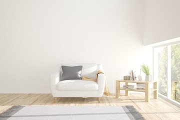 Inspiration of white minimalist room with armchair. Scandinavian interior design. 3D illustration