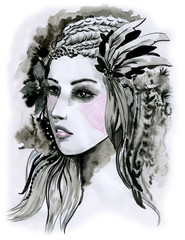 The hand drawn indian make up and hair style fashion