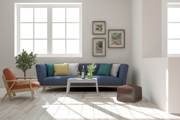Idea of white minimalist room with sofa. Scandinavian interior design. 3D illustration