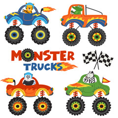 set of isolated monster trucks with animals part 1 - vector illustration, eps © nataka