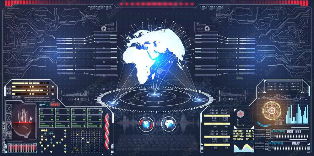 Leinwandbilder Infographic or technology interface for information visualization. Science and space, tech and sci-fi, analysis theme Planet hologram with futuristic hud design elements with bar and circle graph. 