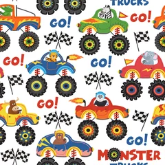 Papier peint Voitures Monster Trucks modèle sans couture avec des animaux sur fond blanc - vector illustration, eps