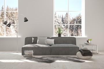 White room with sofa and winter landscape in window. Scandinavian interior design. 3D illustration