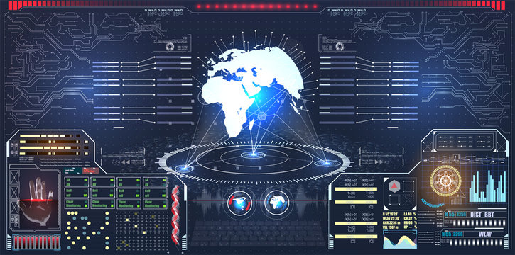 Infographic or technology interface for information visualization. Science and space, tech and sci-fi, analysis theme Planet hologram with futuristic hud design elements with bar and circle graph. 