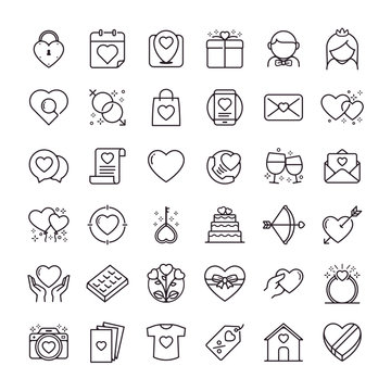 Valentines day icons set. Set of romantic Valentines day symbol. Design elements for Valentine's day. Heart shapes. Set of icon vectors or love symbols in line style for weddings and romantic dating