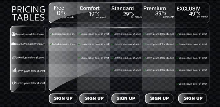 Banners with tariffs plan from glass. Comparison of pricing table set for business, bullet list with commercial plan. 