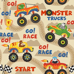seamless pattern monster trucks with animals on race track  - vector illustration, eps © nataka