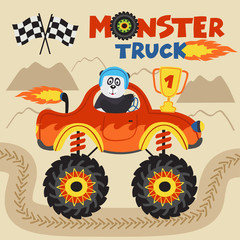 panda champion is riding monster truck  - vector illustration, eps
