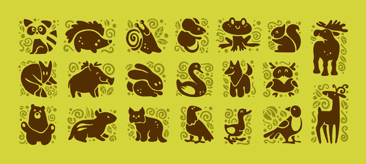Vector collection of flat cute animal icons isolated on white background. Forest animals and birds symbols. Hand drawn emblems. Perfect for logo design, infographic, prints etc.