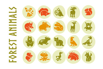 Vector collection of flat cute animal icons isolated on white background. Forest animals and birds symbols. Hand drawn emblems. Perfect for logo design, infographic, prints etc.