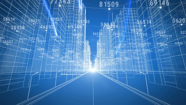 Moving Through the Financial Urban Matrix. Digital 3d Blueprint and Numbers. Business and Technology Concept. Blue color 3d animation. 4k UHD 3840x2160.