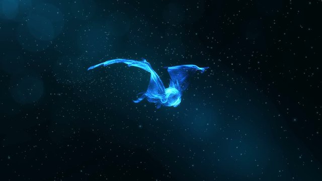 Glowing Bat, abstract animal flying through particles, fantasy 3D animation