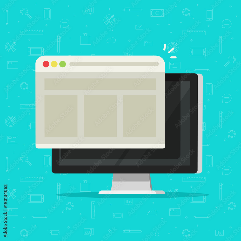 Poster web browser window on computer display vector illustration, flat cartoon style of desktop pc with we