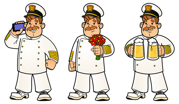 Cartoon sailors. A set of images. The captain calls on his mobile phone, stands in a bouquet of flowers, carries beer in mugs.