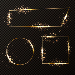 Set of luxury elegant golden frames with shiny gold sparkles,vector illustration.Decorative element for banner,templates,certificate,invitation,greeting card on transparent background