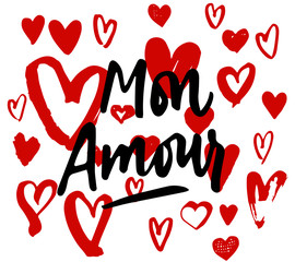 Mon Amour lettering, heart illustration. My Love in French hand drawn calligraphy quote. romantic inspirational inscription