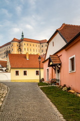 Fototapeta na wymiar Street with rock pavement in historic Czech town Mikulov