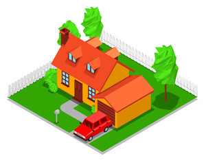 3d isometry house two-storey red roof cartoon style garage car green trees bushes games white background isolate