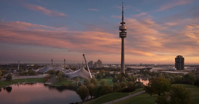 Munich Skyline at Sunrise with Television Tower - 4K+ Timelapse Video with Night to Day transition