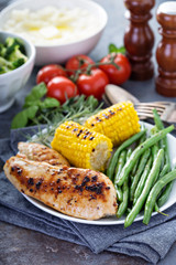 Grilled chicken with green beans in a skillet