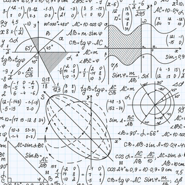 Educational mathematical vector seamless pattern with handwritten formulas, figures and equations