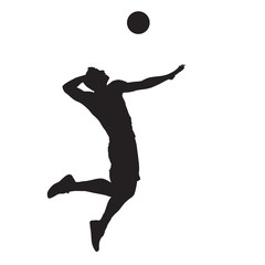 Fototapeta na wymiar Volleyball player spiking ball, isolated vector silhouette. Side view
