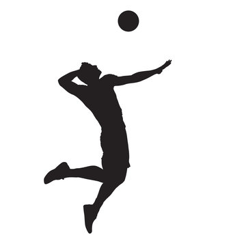 Volleyball player spiking ball, isolated vector silhouette. Side view