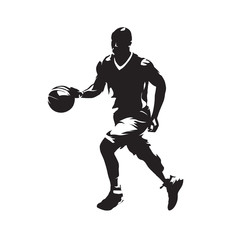 Basketball player dribbles with the ball and running, isolated vector silhouette - obrazy, fototapety, plakaty