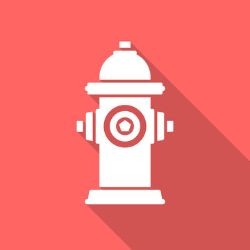 Fire hydrant icon with long shadow. Flat design style. Fire hydrant simple silhouette. Modern, minimalist icon in stylish colors. Web site page and mobile app design vector element.