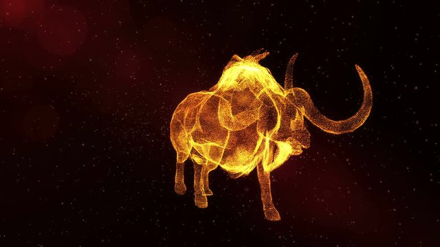 Glowing Buffalo, abstract animal with horns walking through particles, fantasy 3D animation