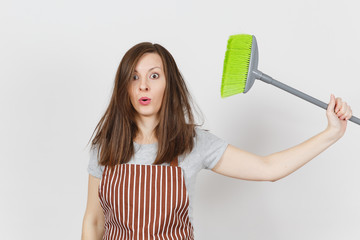 Young fun crazy dizzy loony wild tired shocked housewife with tousled hair in striped apron...