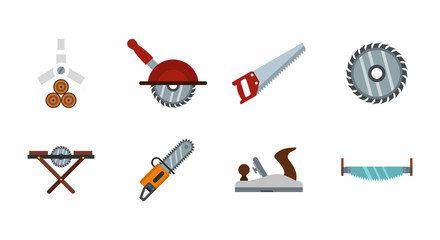 Wood cut tool icon set, flat style