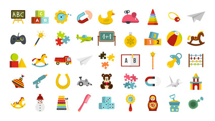 Kid toys icon set, flat style