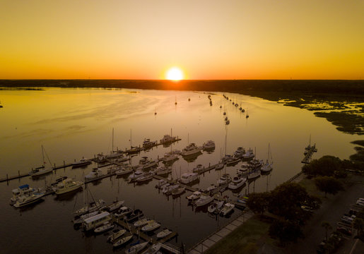Aerial view of Beaufort South Carolina and sailboats at sunset.