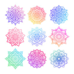 Set of round gradient mandala on white isolated background. Vector hipster mandala in green, red, blue, violet and pink colors. Mandala with floral patterns. Yoga template.