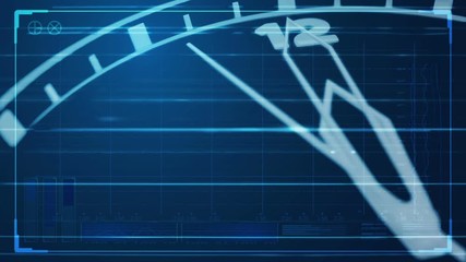 A macro closeup of a modern neon lit watch face focusing on the second hand counting down the last ten seconds to midnight overlaid with a technical data analysis interface - Powered by Adobe