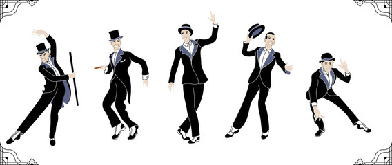 Fototapeta premium Charleston Party. Gatsby style set. Group of retro man isolated dancing charleston. Vintage style.retro silhouette dancer.1920 party vector background.Swing dance man