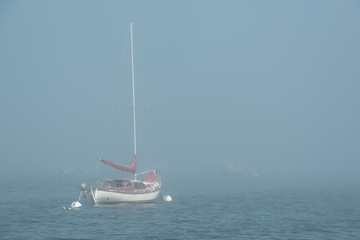 Large luxury yacht is moored in Rockland Harbor in the Fog