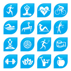 Blue sport Fitness icons buttons. 
Set of blue modern icons n the form of a leaf with fitness and yoga activities. Vector available. 
