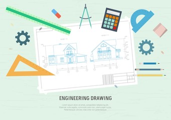 House drawing and drawing tools. The concept of design. Flat vector illustration.
