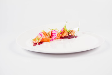 Smoked salmon with roasted beetroots sauce, russian pancakes and horseradish cream