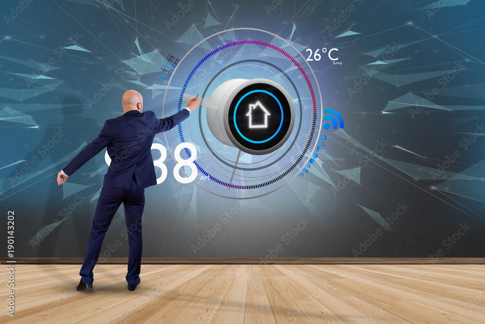 Poster businessman in front of a wall with a button of a smart home automation app - 3d rendering