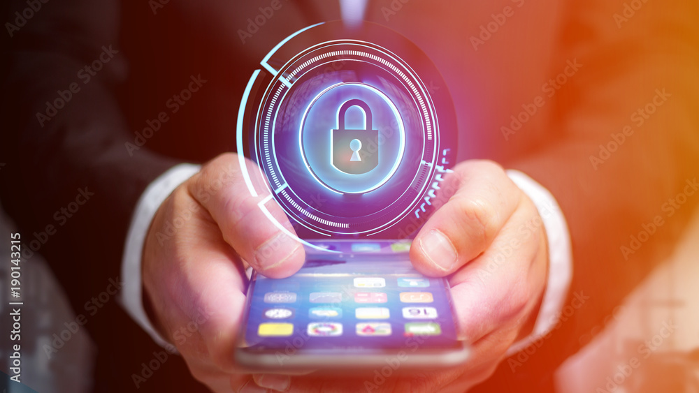 Poster businessman using a smartphone with a shinny technologic locker security button - 3d render