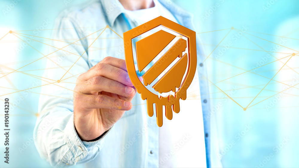 Poster businessman holding a meltdown processor attack with network connection - 3d render